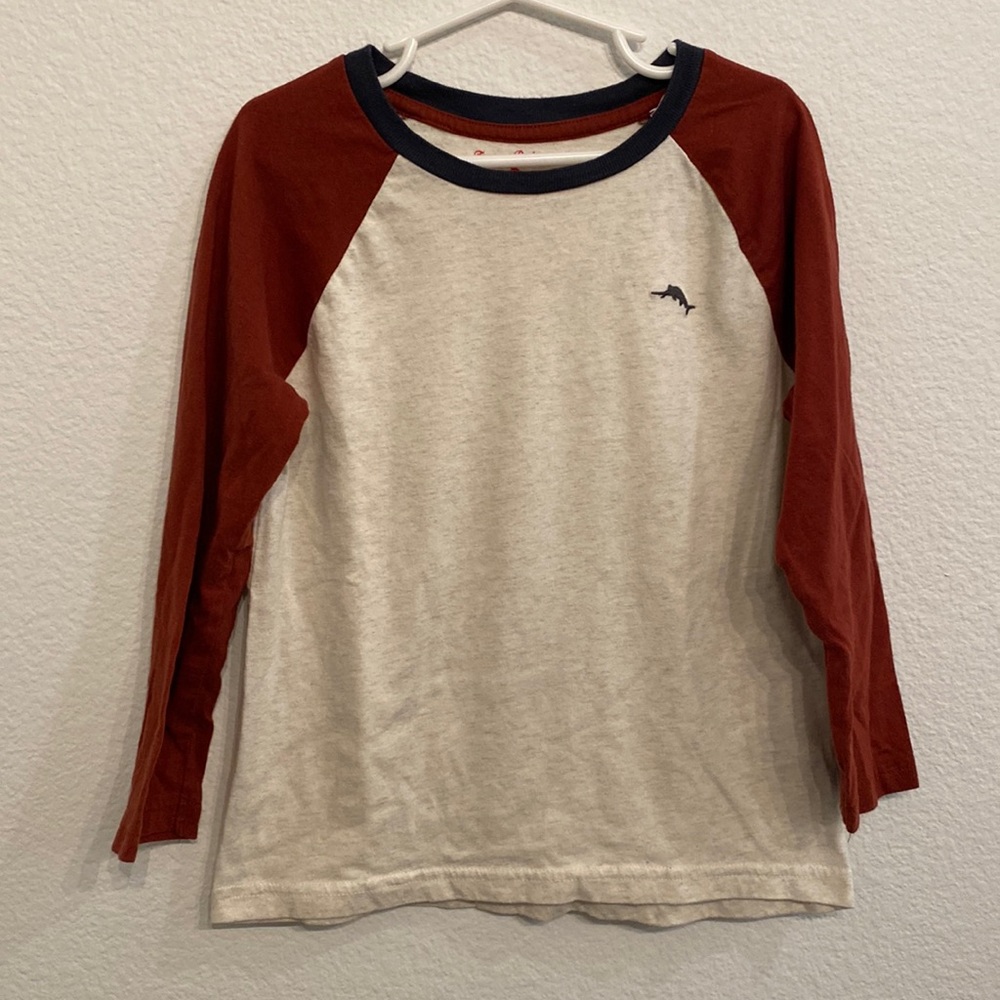 TOMMY BAHAMA Color block long sleeve t-shirt in cream rust and navy SIZE S
